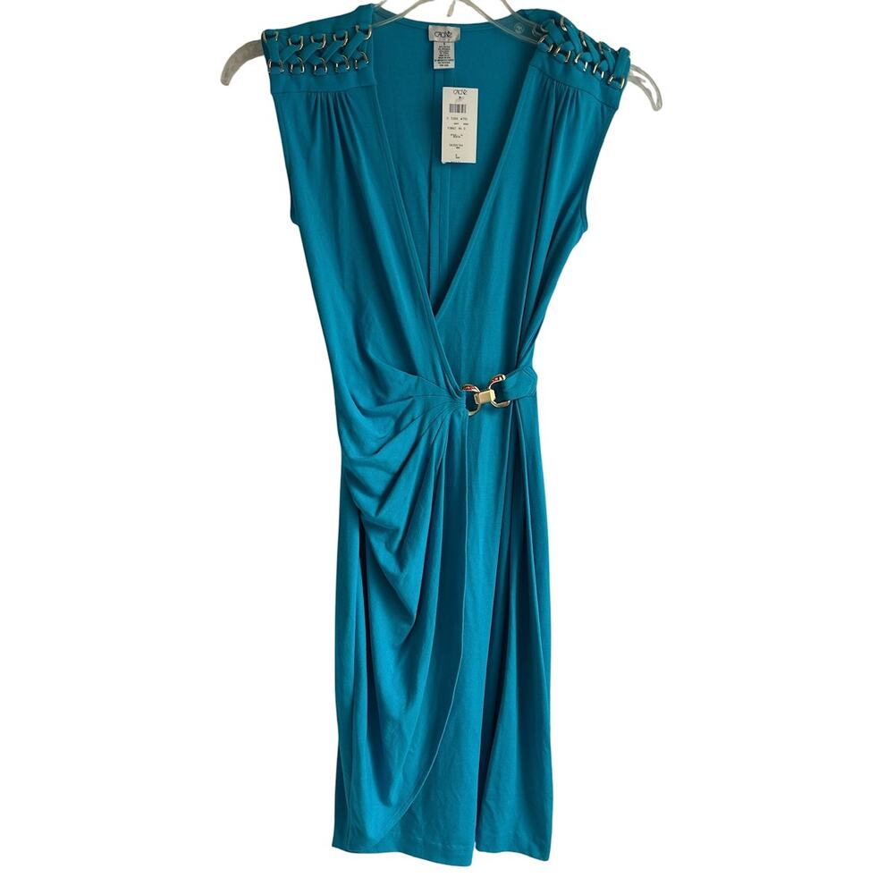NEW‎ Cache Small Faux Wrap Dress Knee Length V Neckline Silver Accents Turquoise